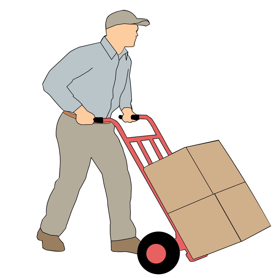 Cartoon image of a man pushing a sack truck and box